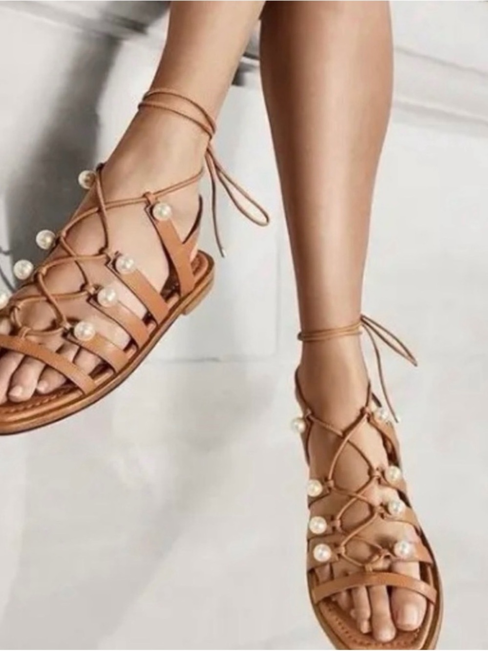Stuart Weitzman Tan Pearl Lace-Up Gladiator Sandals
